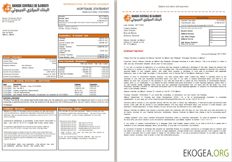 Djibouti Banque Centrale de Djibouti relevé d'hypothèque bancaire, 3 pages, 1 , 2 scr